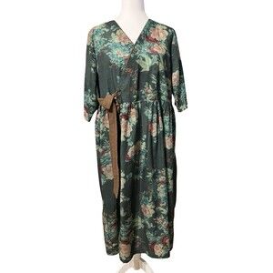 🍂 3 Fat Men Green Floral Faux Wrap Midi 2XL Boho Festival Vibes! EUC 🍂